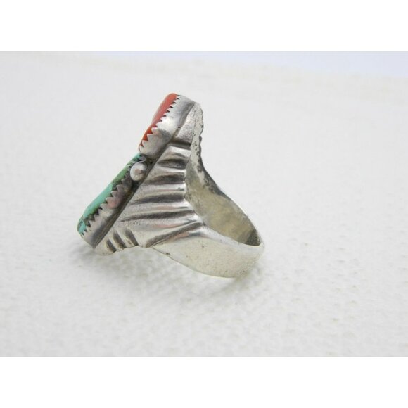Navajo R Signed Designer Sterling Silver Heavy Coral Turquoise Ring 15g Size 9.5 - Picture 3 of 6